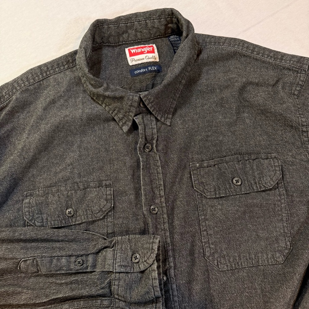 Wrangler Premium Men's Button Up Shirt Comfort Flex Long Sleeve 2XL Gray Utility